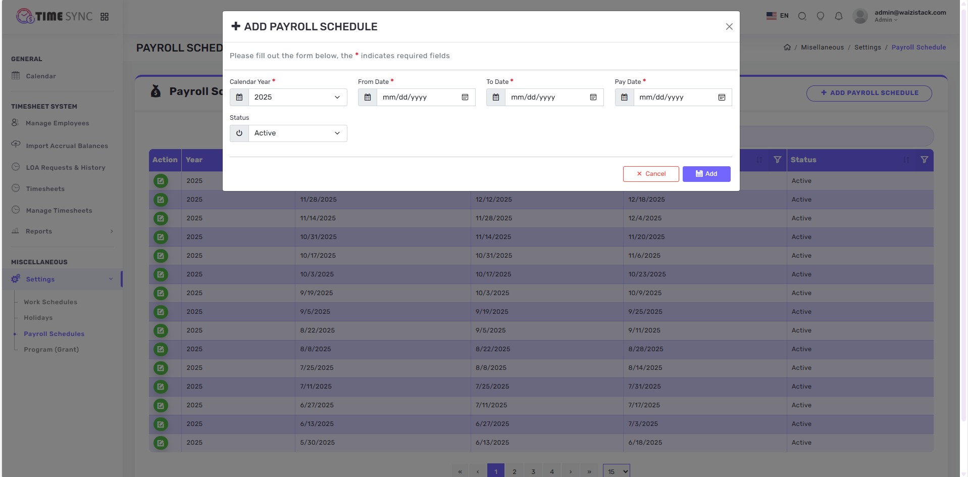 add or edit payroll schedule